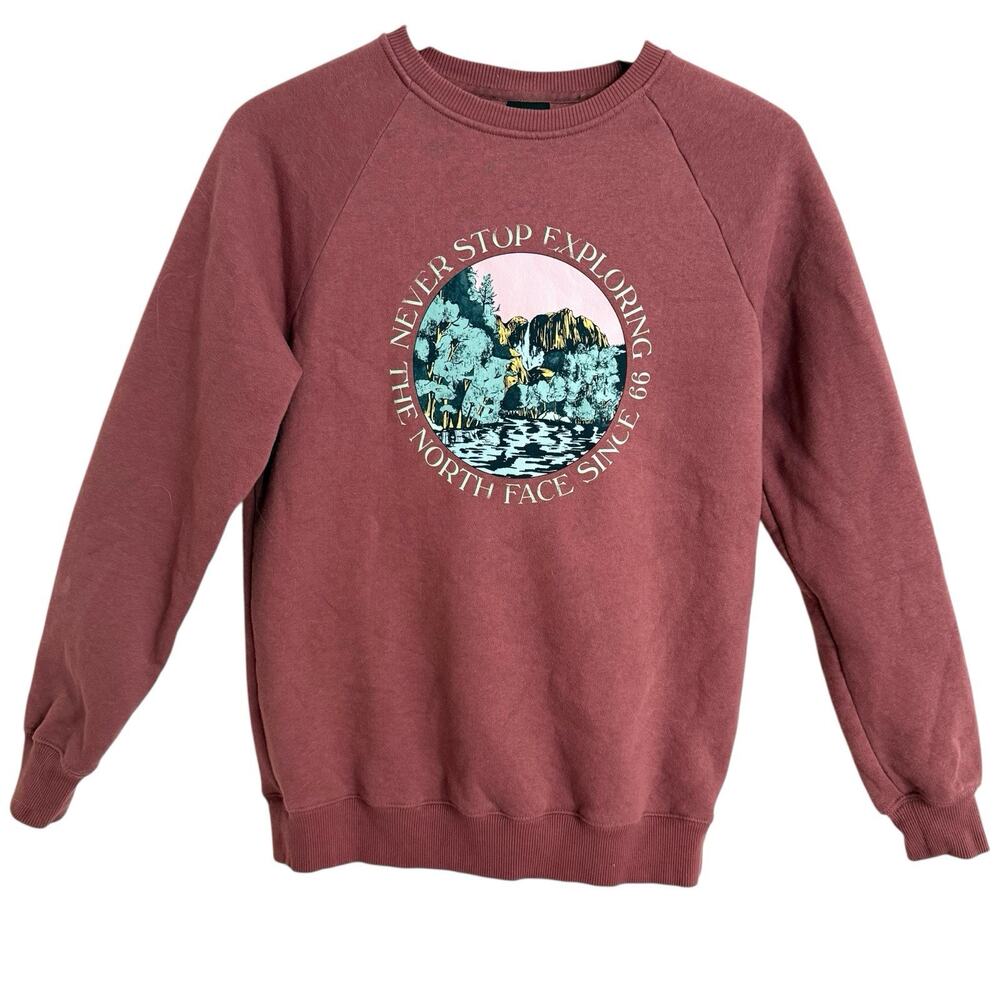 The North Face Plum Sweatshirt‎ Never Stop Exploring Sz S Womens Mountain Range